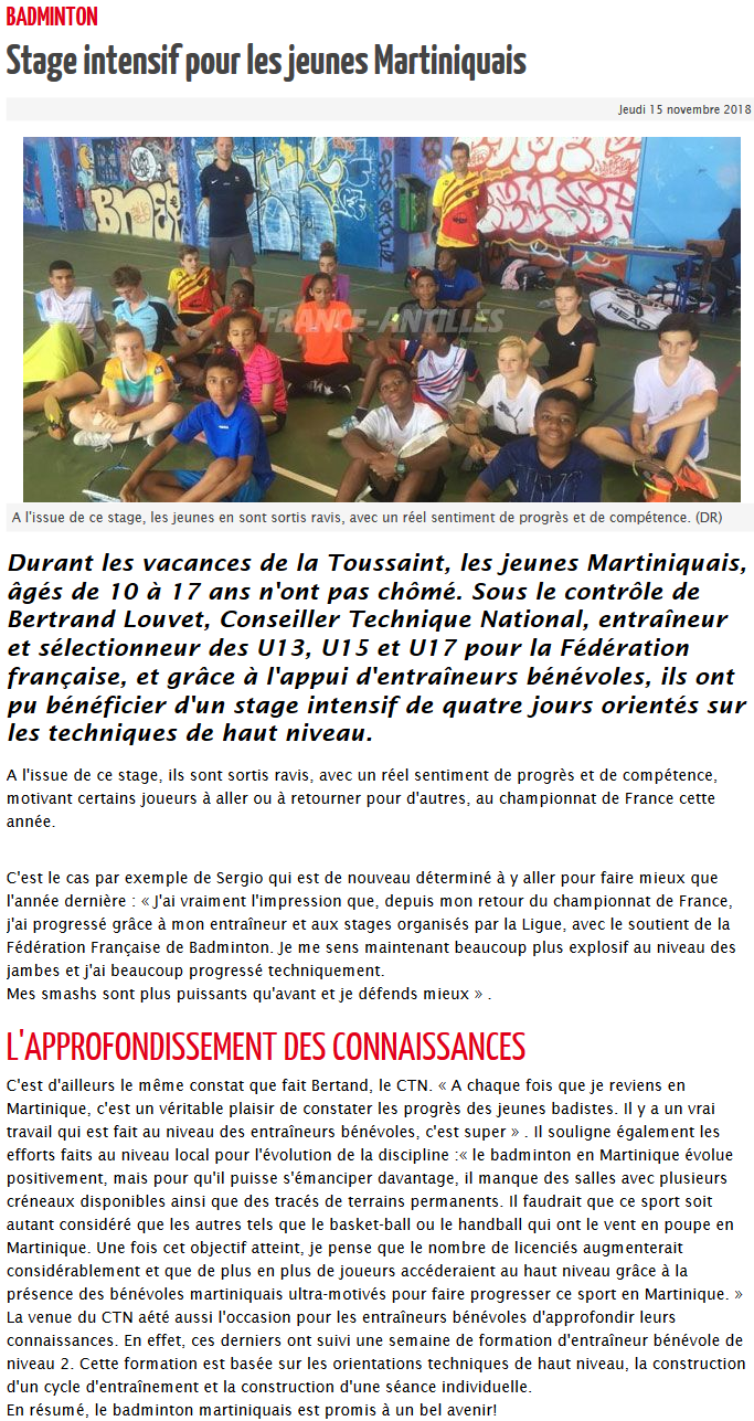 2018 stage intensif pour les jeunes martiniquais